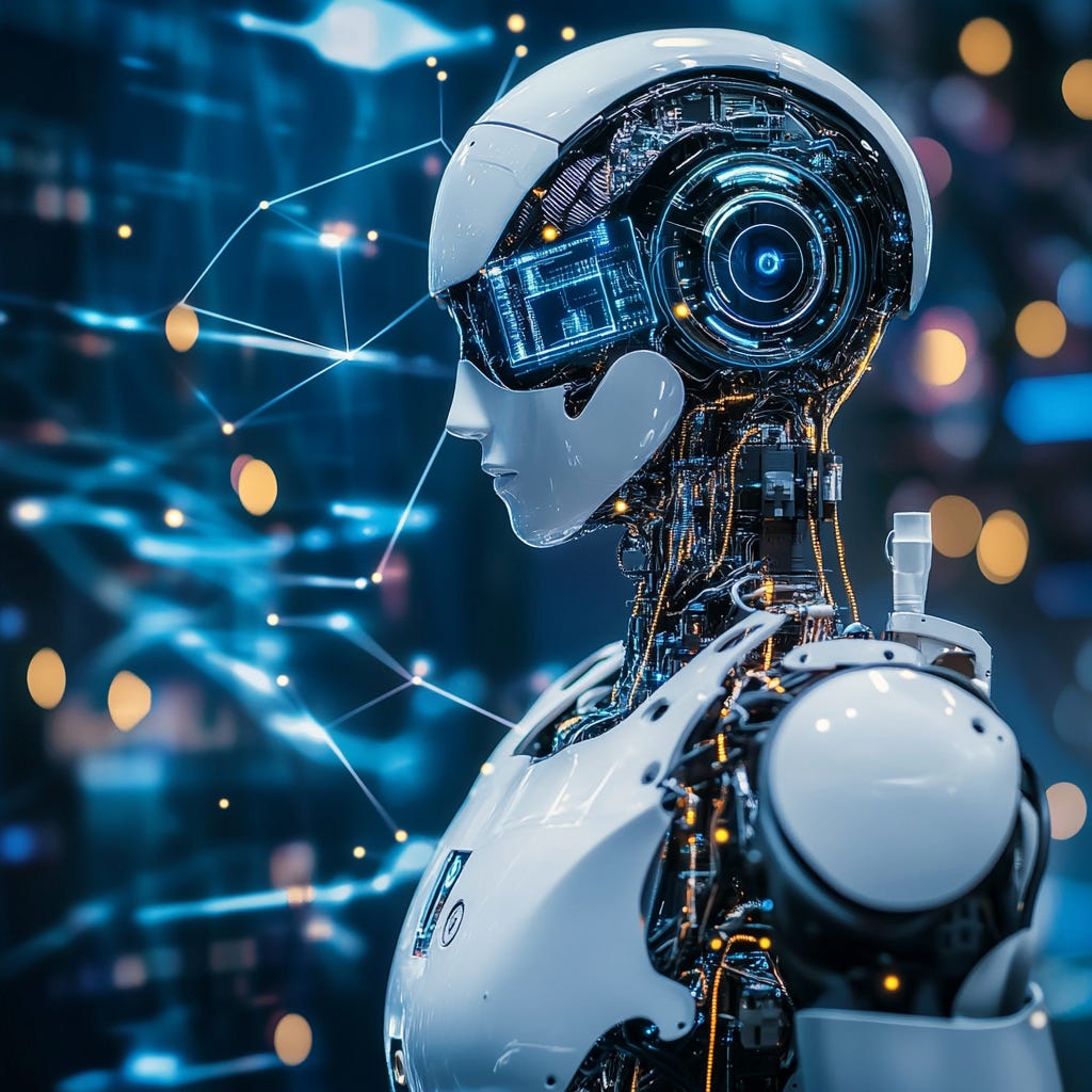 A futuristic humanoid robot with a sleek white exterior, illuminated by intricate blue circuits and surrounded by a digital network of glowing connections. This image reflects the intersection of advanced technology and human innovation, as explored in The Liat Show by Liat Portal. A futuristic humanoid robot with a sleek white exterior, illuminated by intricate blue circuits and surrounded by a digital network of glowing connections. This image reflects the intersection of advanced technology and human innovation, as explored in The Liat Show by Liat Portal.