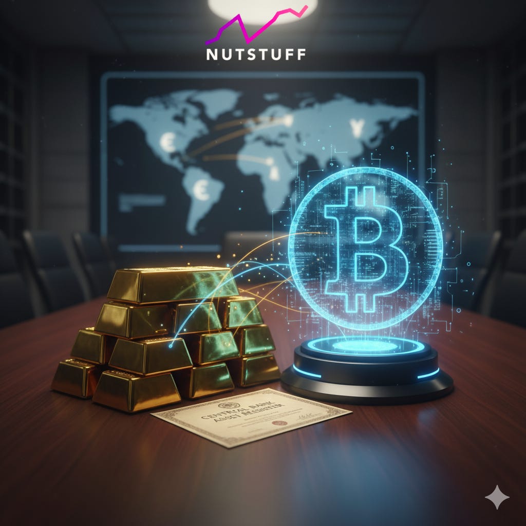  Bitcoin and gold on a table in a conference room, representing the discussion on new reserve assets and energy shifts.