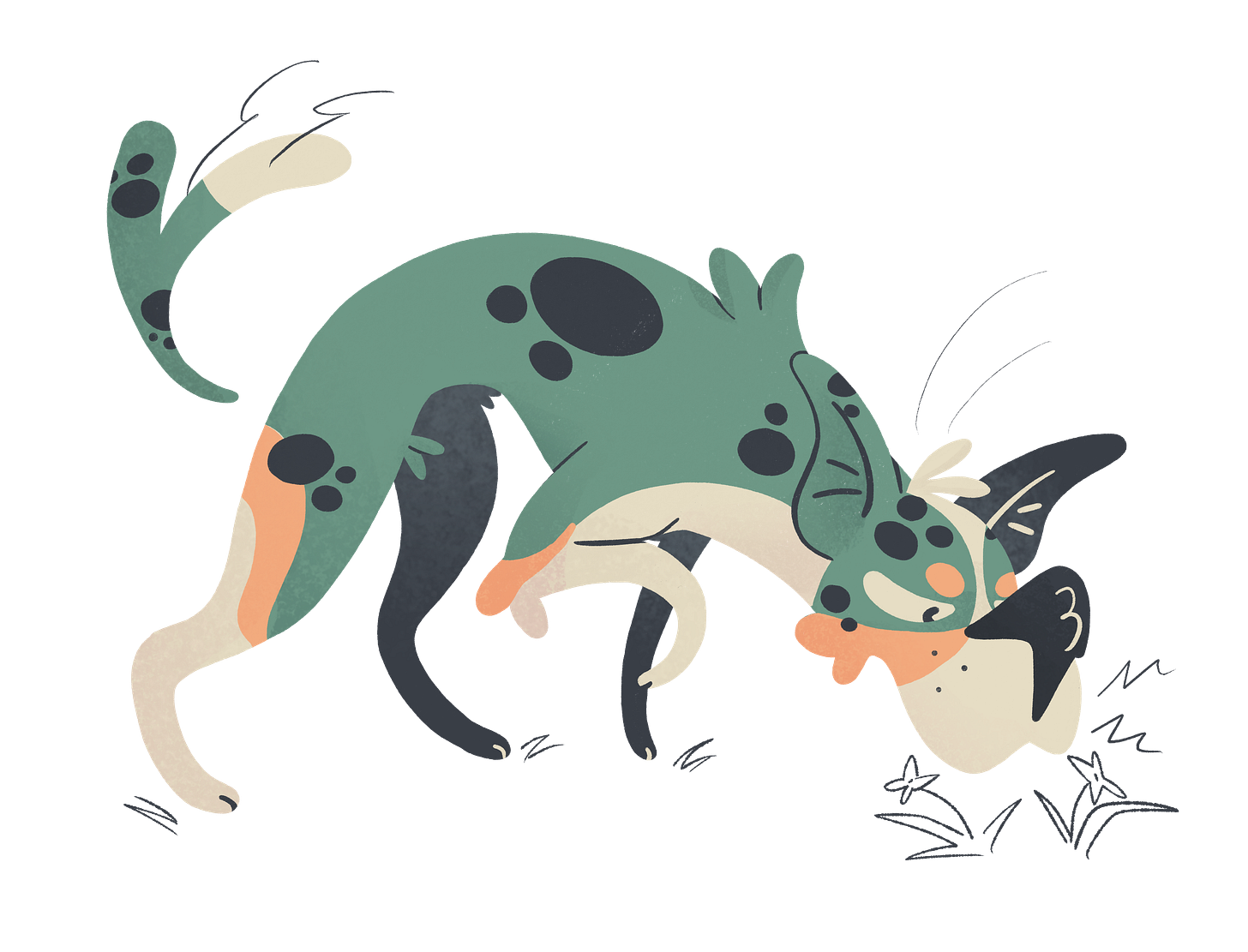 Digital drawing of a cartoon merle collie dog bending to sniff the grass. One of her front paws is lifted.