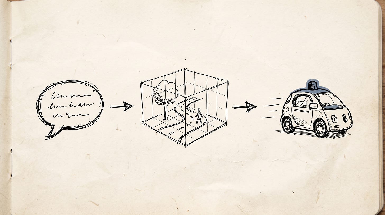 Hand-drawn sketch on aged notebook paper: a speech bubble filled with scribbled text, an arrow pointing to a wireframe cube containing a tree, a winding road, and a stick-figure pedestrian, and a second arrow pointing to a small rounded driverless car with a rooftop sensor, drawn speeding away. This image is generated by Gemini 3.1 Pro.