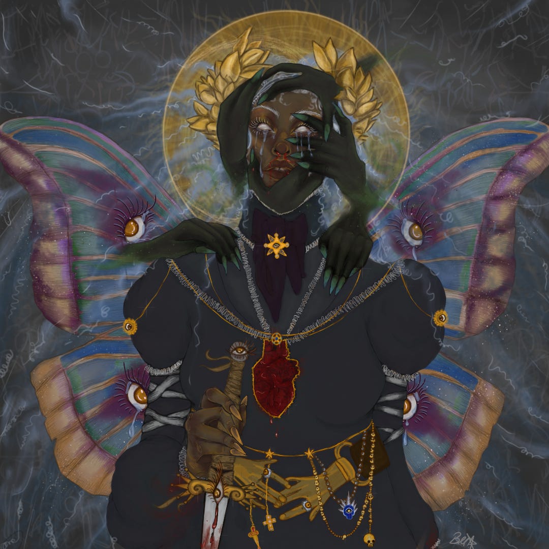 a very detailed art work that depicts a ghostly figure with moth wings and wearing a golden laurel crown. They have all white crying eyes and their hair floats around them as hands reach from behind them and grab them from behind. they are holding a sword and have many accessories including a gold gilded heart