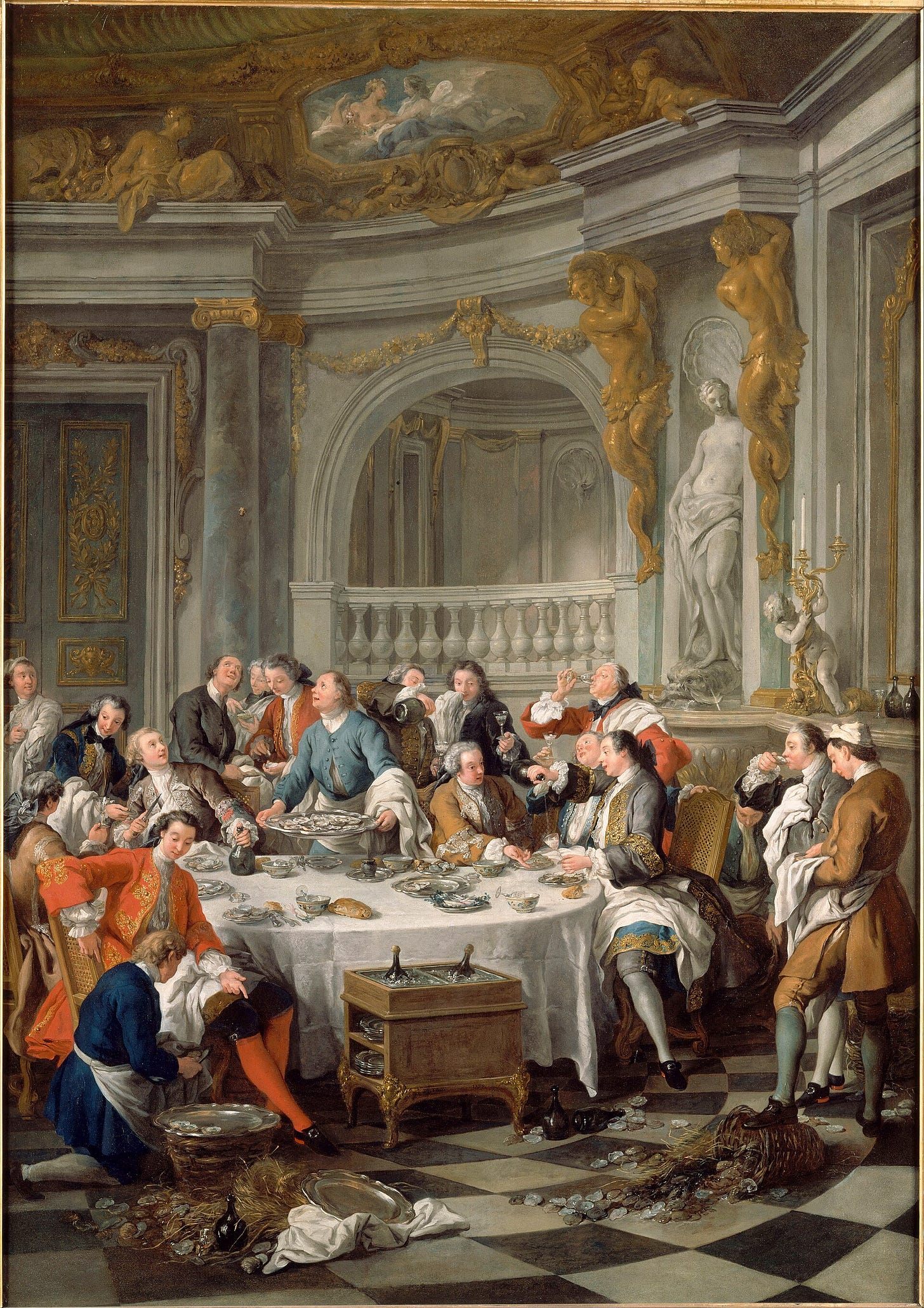 Gentlemen around a round table cracking oysters while a champagne cork flies, servants watching at the left