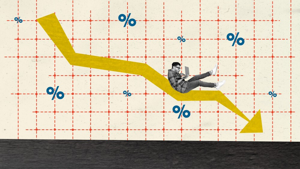 Composite collage picture image of man slide down arrow recession statistics data weird freak bizarre unusual fantasy billboard comics.