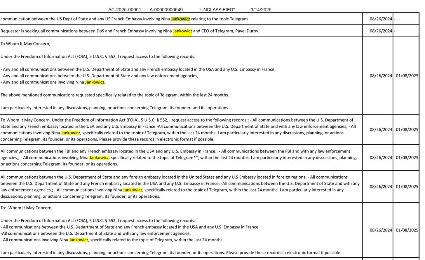 A screenshot of one page of the 23 on which Nina Jankowicz's name appears in a 2024 State Department FOIA log. A screenshot of one page of the 23 on which Nina Jankowicz's name appears in a 2024 State Department FOIA log.
