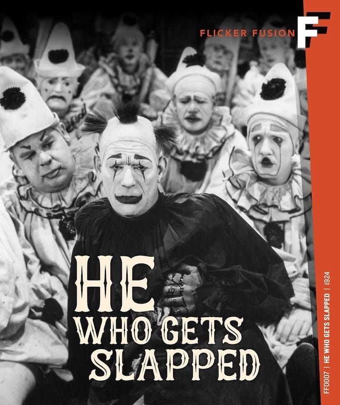 Cover art image “Flicker Fusion Blu-ray cover art for He Who Gets Slapped (1924), featuring Lon Chaney in full clown makeup with other clowns in the background.”