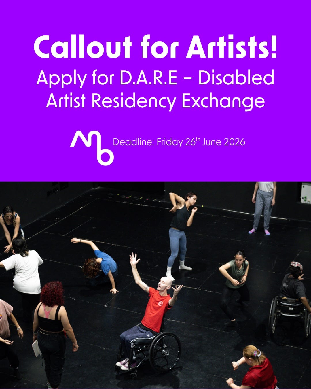 A purple background with text that reads “Callout for Artists! Apply for D.A.R.E – Disabled Artist Residency Exchange. Deadline 26th June” above an overhead shot of a group of dancers, including Marc in his wheelchair. A purple background with text that reads “Callout for Artists! Apply for D.A.R.E – Disabled Artist Residency Exchange. Deadline 26th June” above an overhead shot of a group of dancers, including Marc in his wheelchair.