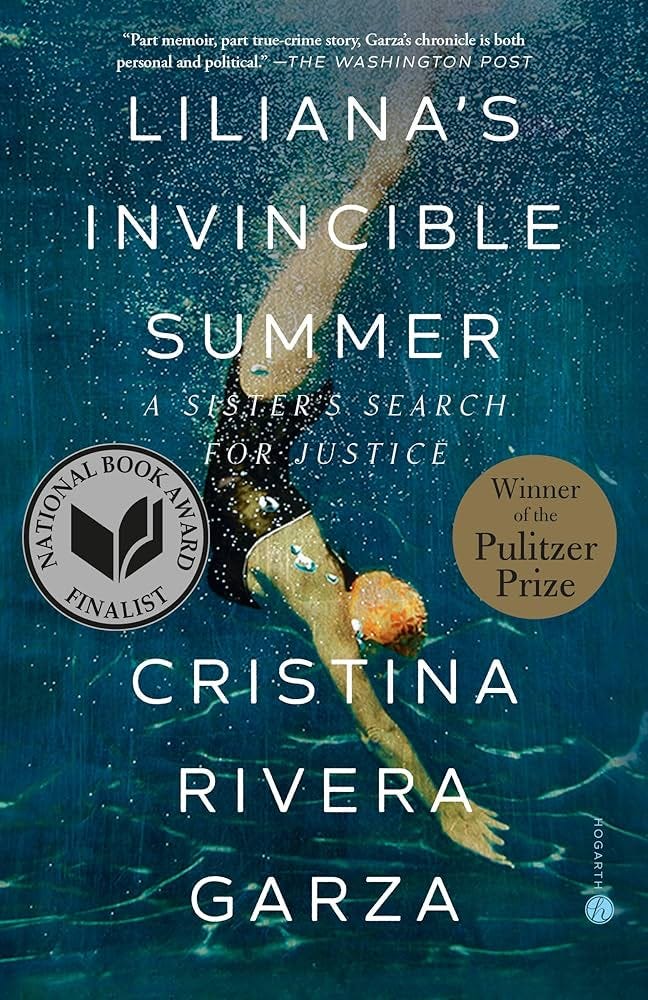 Cover of Liliana's Invincible Summer by Cristina Rivera Garza. A submerged female diver coasts underwater on a gorgeous oceanic blue background, with the title and author name in white in the foreground.