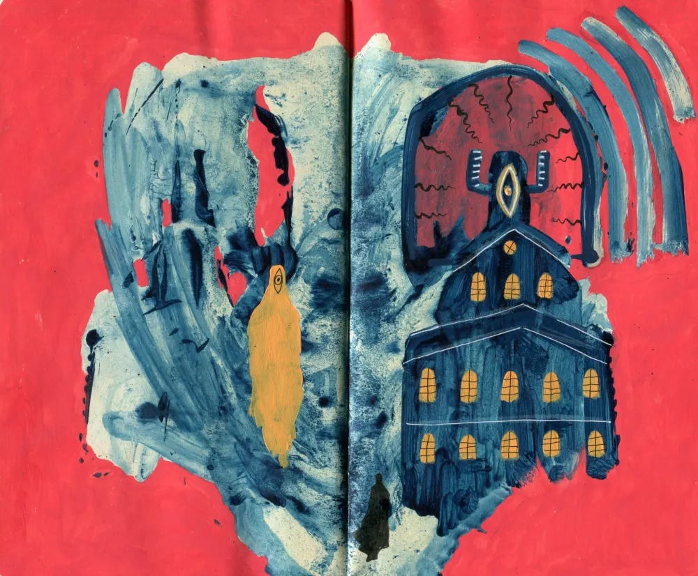 A sketchbook spread in red, with blue texture mess. What looks like a building with a face, a yellow spectre and a small black figure.