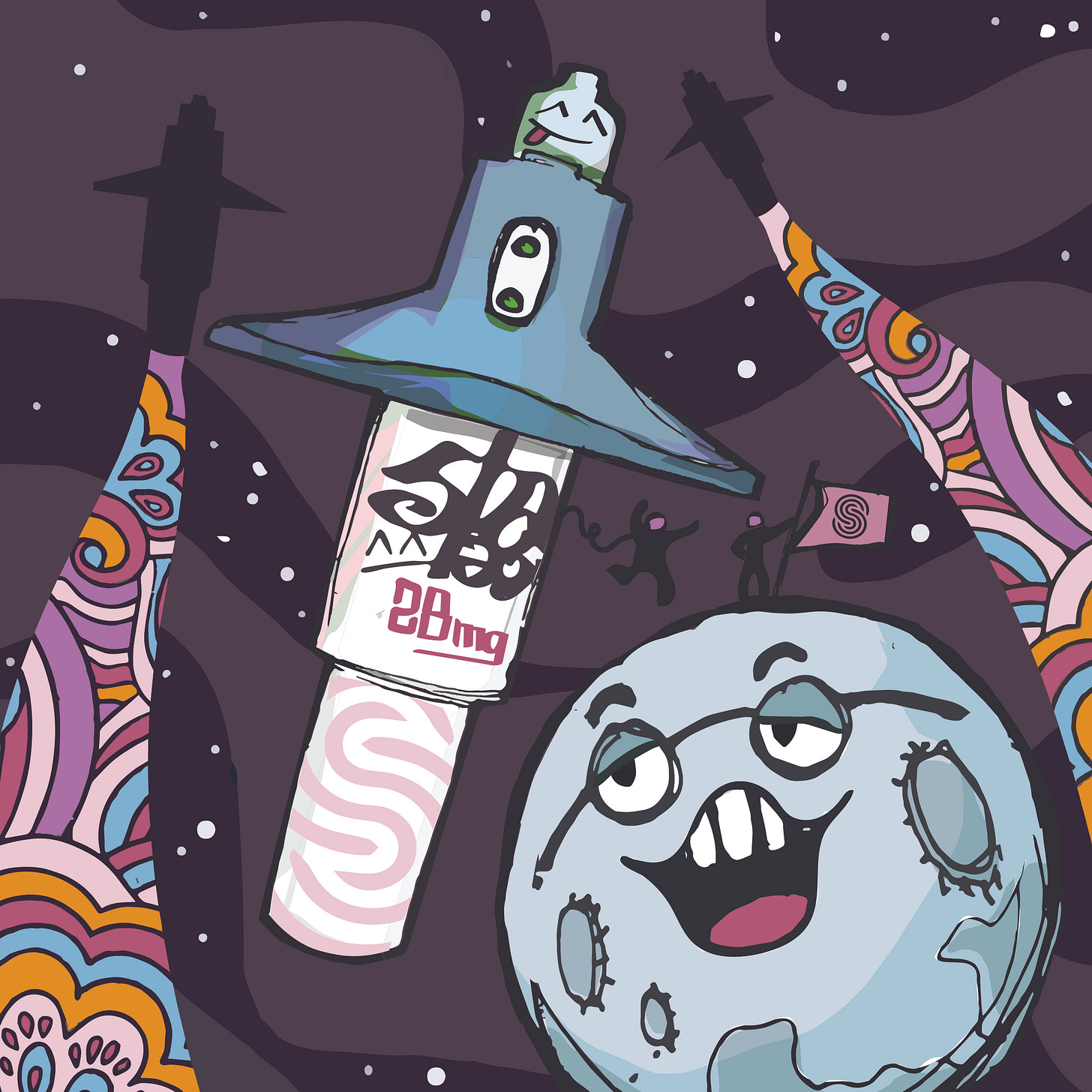 Picture of Spravato dispenser as a rocket headed to space. It is labeled as 28mg. There are silouhettes of two other rockets in the background space sky. There is a smiling dopey looking moon. The Spravato rockets have psychedelic trails. 