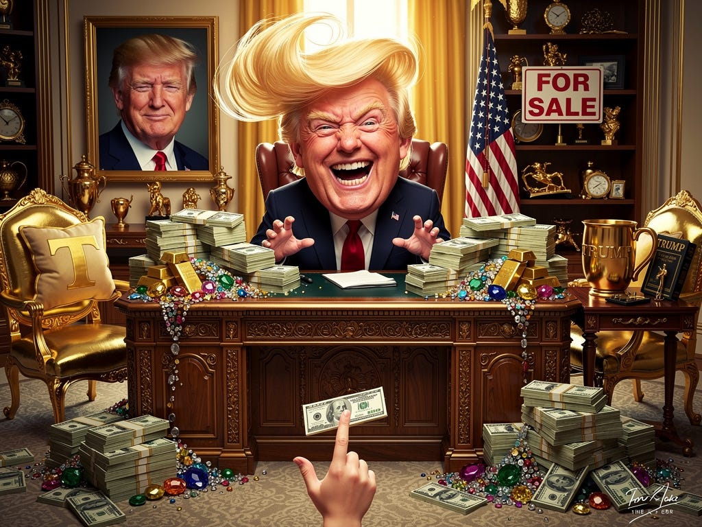 A satirical cartoon of an exaggerated Donald Trump at the Resolution desk surrounded by piles of cash, gold, and jewels.