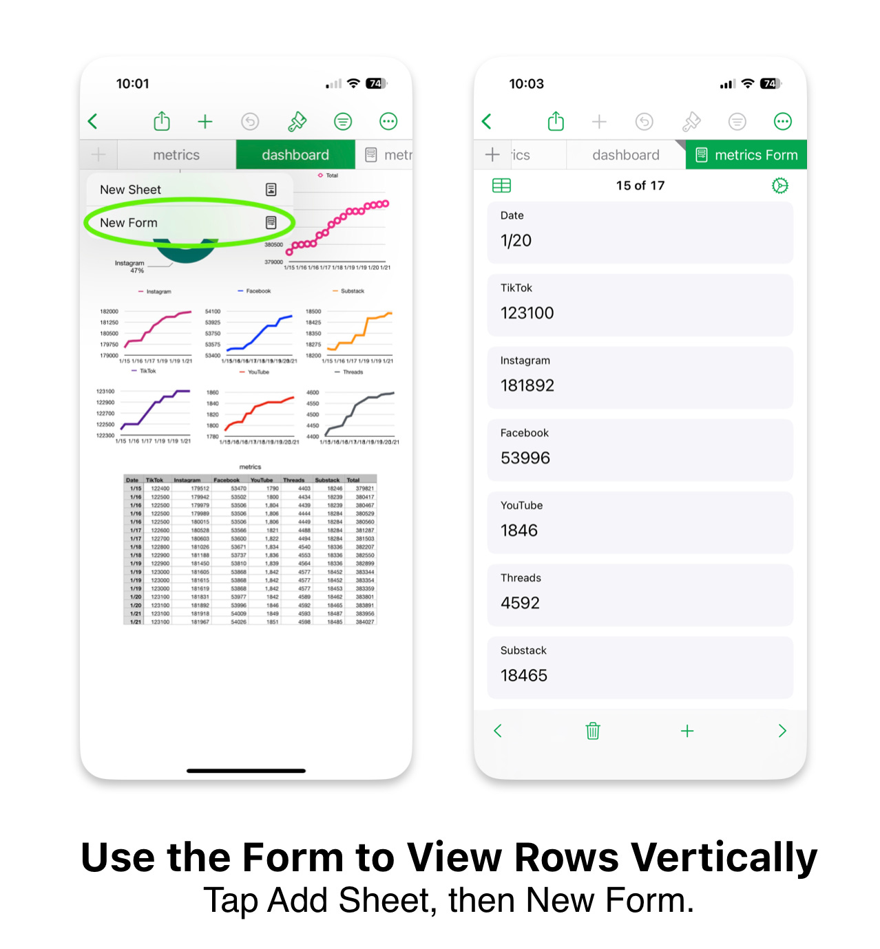 Side-by-side mobile screenshots of the Numbers app on an iPhone. The left screen shows a spreadsheet dashboard with charts and a highlighted option labeled “New Form.” The right screen shows a vertical form view displaying a single row of follower metrics by platform, including TikTok, Instagram, Facebook, YouTube, Threads, and Substack, entered as stacked fields instead of a table. Side-by-side mobile screenshots of the Numbers app on an iPhone. The left screen shows a spreadsheet dashboard with charts and a highlighted option labeled “New Form.” The right screen shows a vertical form view displaying a single row of follower metrics by platform, including TikTok, Instagram, Facebook, YouTube, Threads, and Substack, entered as stacked fields instead of a table.