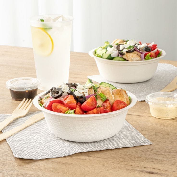 Compostable bowls with lids made from sugarcane bagasse, ideal for sustainable takeaway and catering packaging