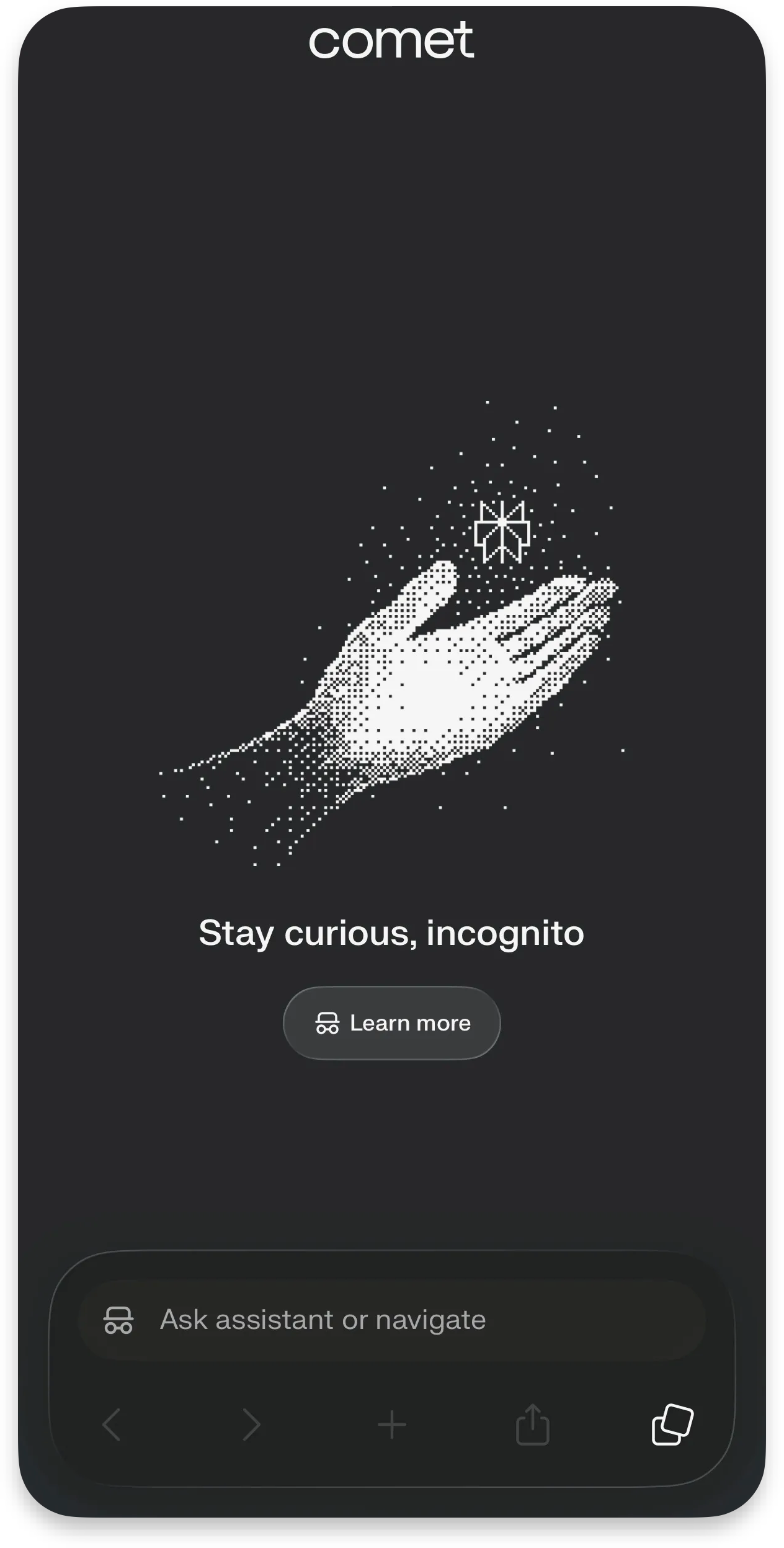 Perplexity Comet browser incognito mode screen on iPhone with AI assistant search bar and “Stay curious, incognito” privacy interface