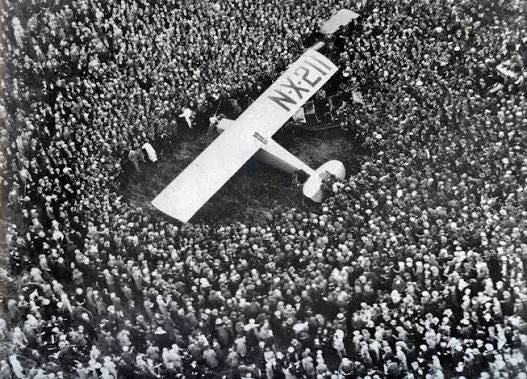On this day in 1927, Charles Lindbergh landed the Ryan NYP "Spirit of St.  Louis" at Le Bourget Field near Paris, completing the first solo nonstop  transatlantic flight. He was greeted by