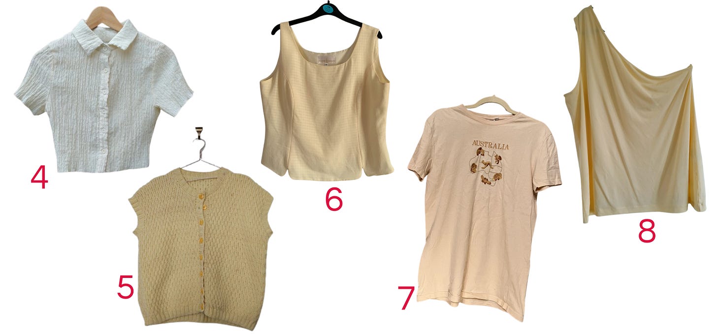 A cropped short sleeve shirt, a boxy knitted vest, a sleeveless yellow top, a t-shirt with 'Australia' written on it, and an asymmetrical one-shoulder slinky top