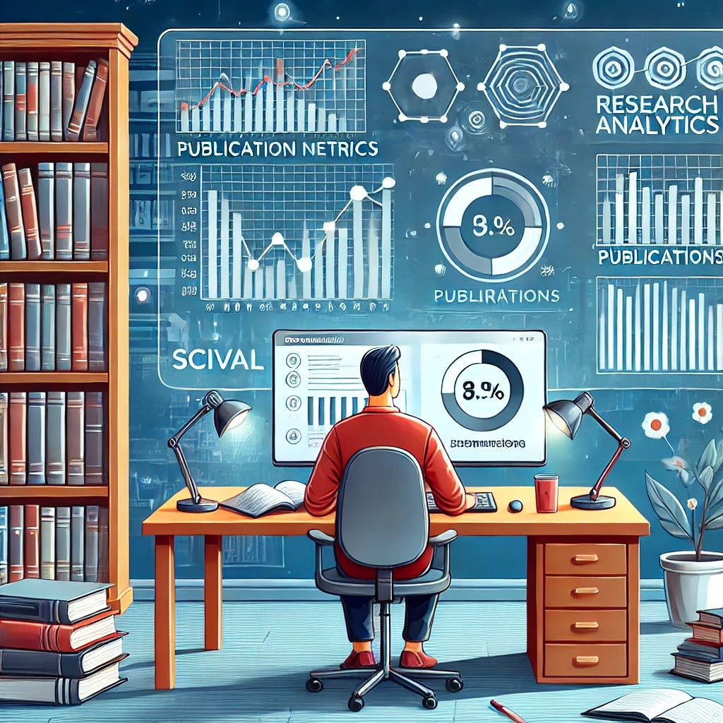 An illustration of a modern research analytics dashboard showing graphs, publication metrics, and comparisons between institutions or researchers. The scene includes a researcher at a desk with a laptop open to a platform like SciVal, surrounded by books and notes. The background shows a bookshelf and a whiteboard with charts, symbolizing academic benchmarking and productivity.