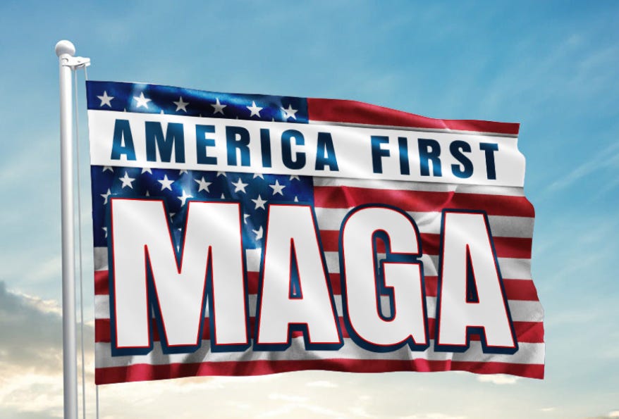 A stupid ass Flag Code violation: an AI-Slop American flag with "America First MAGA" superimposed on it