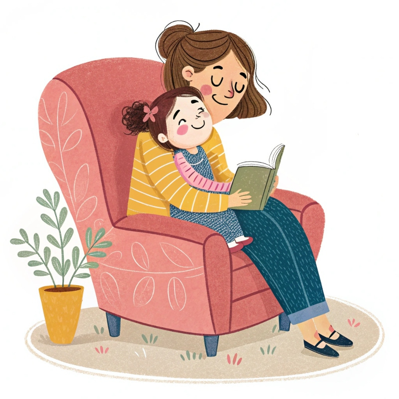 a colourful illustration of a little girl sitting on her mum’s lap.Her mum has her arms tight around the little girl. They are both smiling while sitting in an armchair.