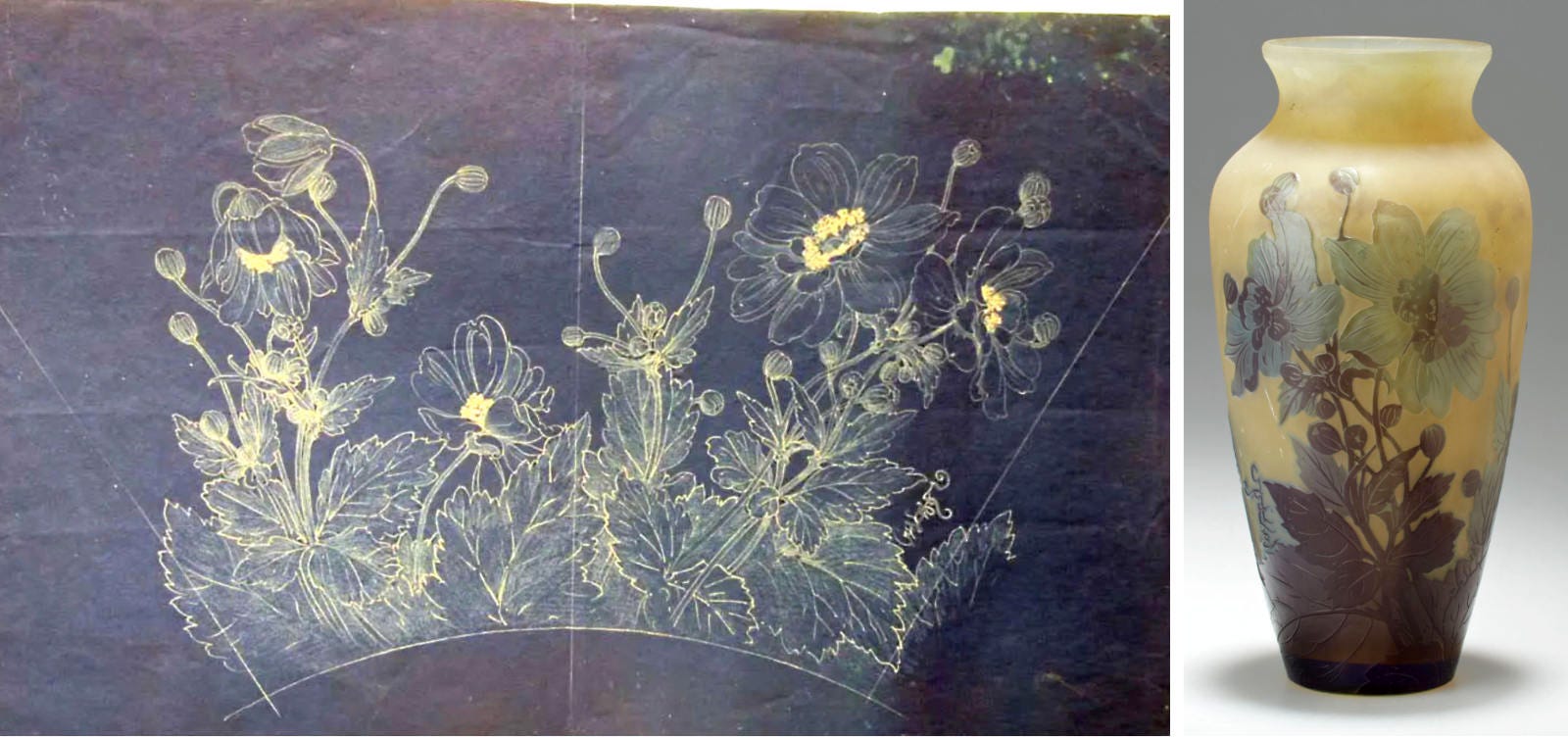 Left, blueprint for a Pavots series from the Machin collection, Mk VIII signature, 24 x 40 cm, Anticthermal 18.02.2022, lot 267; right, a corresponding Pavots vase, ©Uppsala Auctions. Left, blueprint for a Pavots series from the Machin collection, Mk VIII signature, 24 x 40 cm, Anticthermal 18.02.2022, lot 267; right, a corresponding Pavots vase, ©Uppsala Auctions.