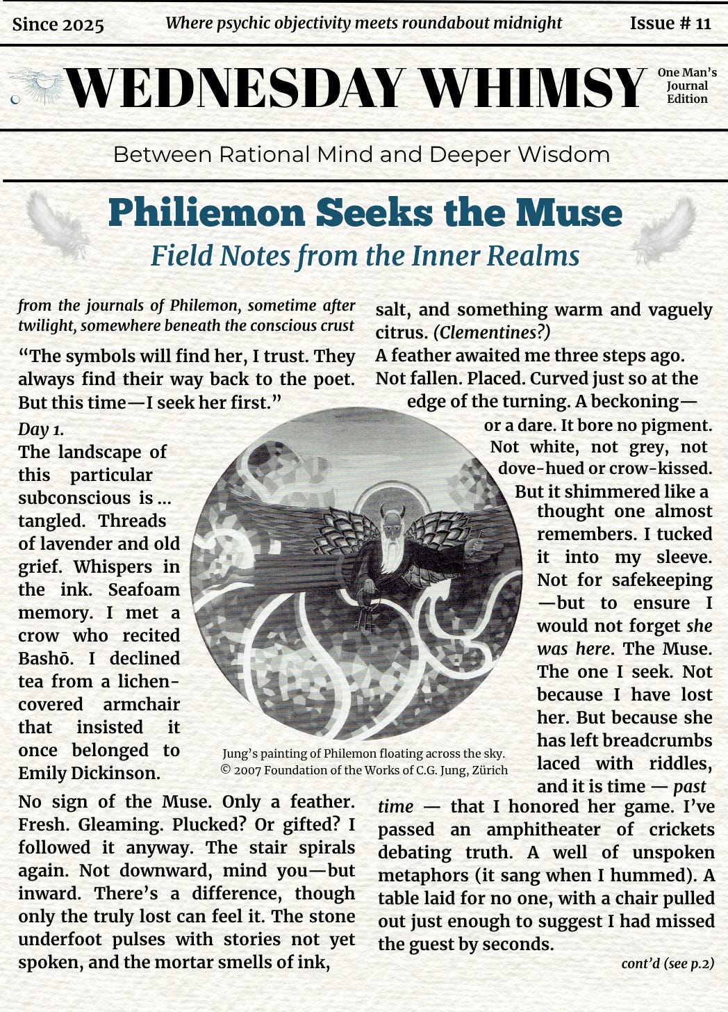 A circular painting by Carl Jung depicting Philemon as a winged, robed figure with outstretched arms, floating above a mosaic sky of abstract symbols. The background swirls with dreamlike patterns of light and shadow, suggesting mystical insight and subconscious flight.  In this whimsical field note from the subconscious, Jung’s archetypal wise man Philemon seeks the Muse through spiral staircases, cryptic feathers, and poetic echoes. A lyrical travelogue between psyche and wonder.