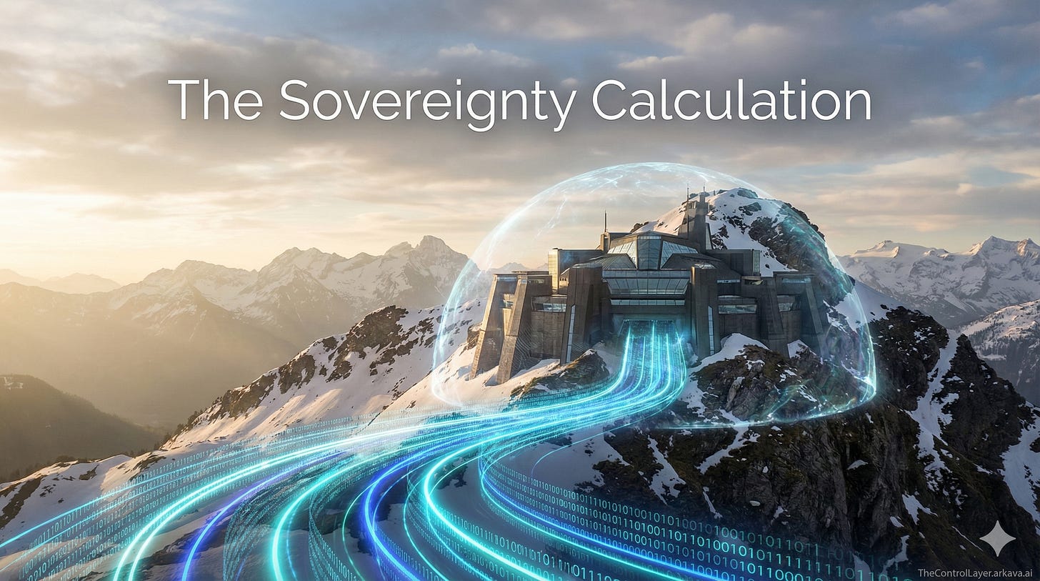 A Swiss mountain fortress deflecting streams of digital data, symbolising data sovereignty protection A Swiss mountain fortress deflecting streams of digital data, symbolising data sovereignty protection