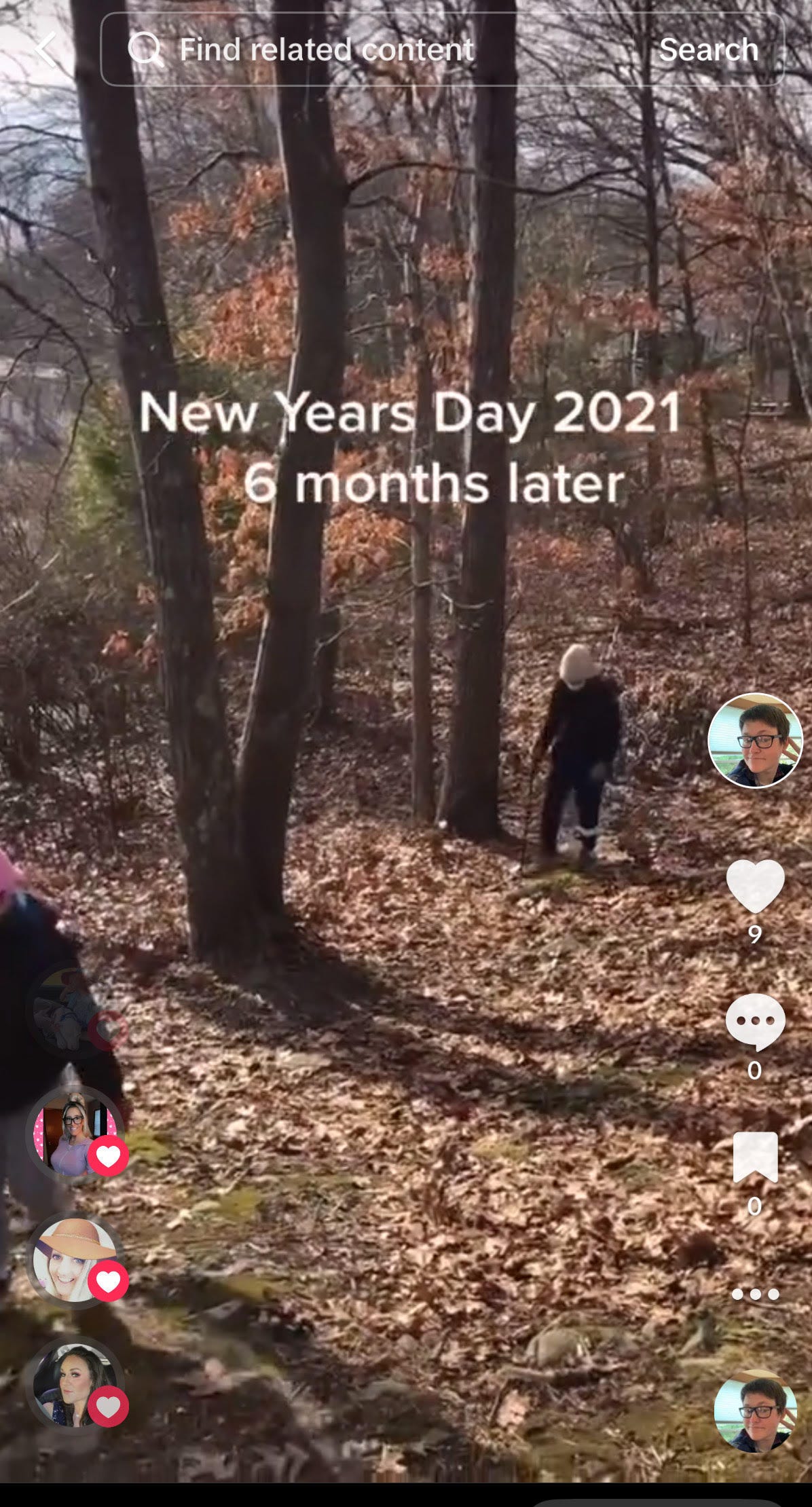 tiktok still image of author, white nonbinary person with glasses, hiking in woods with trekking poles