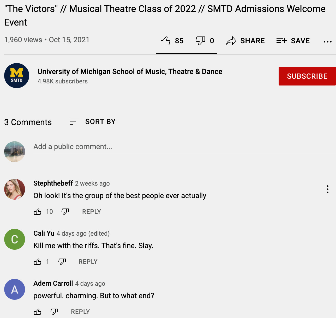 A screenshot of a UMichigan Theater Department Youtube video expressing concern over what would become of the students.