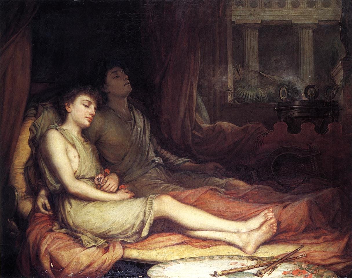 Two young men lying side by side, one asleep, one still Two young men lying side by side, one asleep, one still