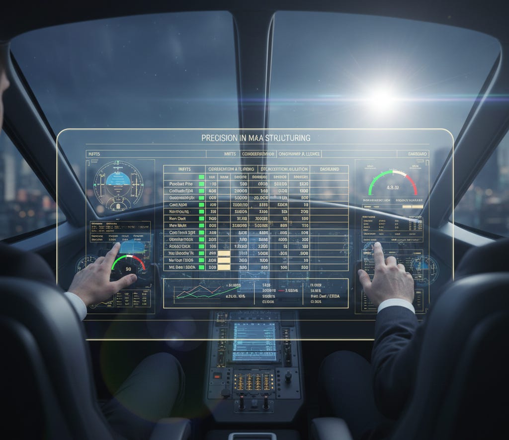 Futuristic financial dashboard displaying M&A structuring metrics, leverage ratios and accretion analysis in cockpit-style interface.
