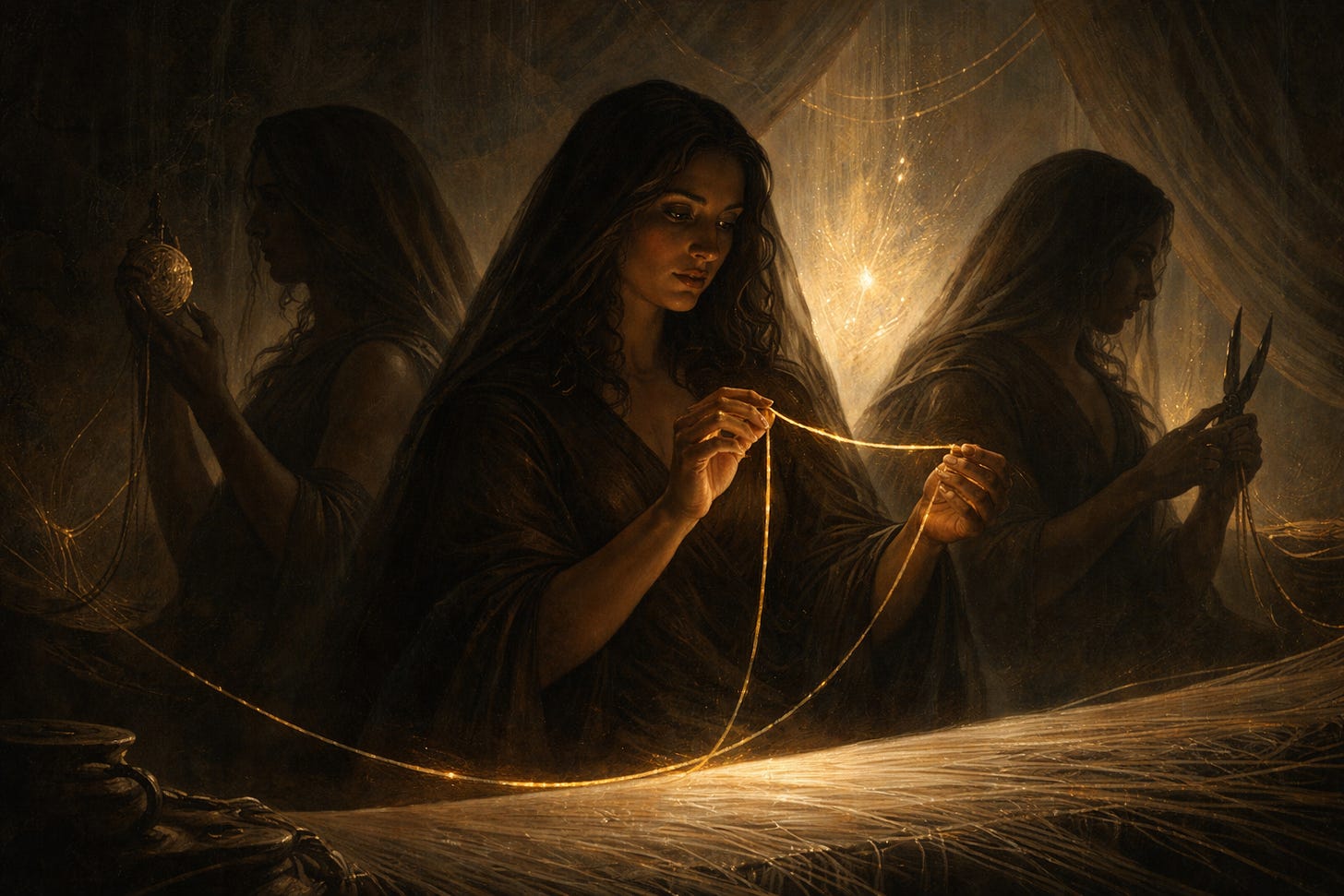 Oil-painted scene of the three Fates in a shadowed, cathedral-like chamber, Lachesis holding a glowing golden thread while her sisters stand beside her with spindle and shears, all lit by warm, dramatic light against a dark woven tapestry.