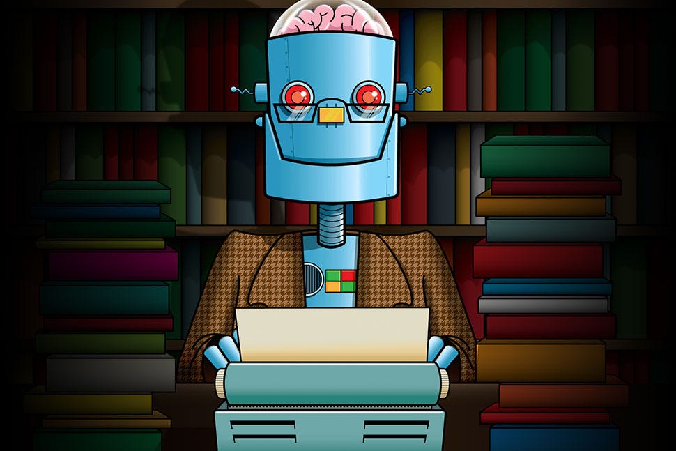 Ilustração de um robô em uma máquina de escrever. Ilustração: Tom Deja