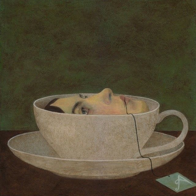 This may contain: a painting of a woman's head in a cup