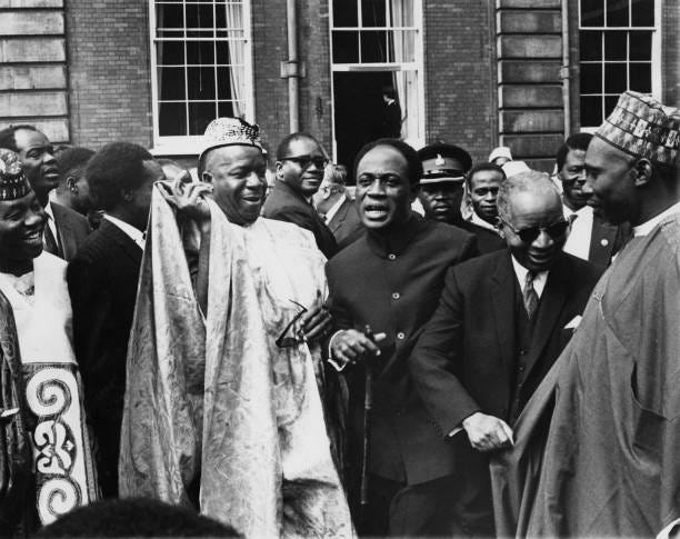 From left to right, Sir Albert Margai, Prime Minister of Sierra Leone, Kwame Nkrumah, President of Ghana, Dr Hastings Banda, Prime Minister of Malawi...