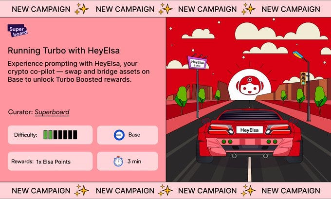 Cartoonish interface screen titled Running Turbo with HeyElsa showing a red sports car on a street with traffic lights and buildings in background text explains experience co-pilot swap and bridge assets on Base to unlock Turbo Boosted rewards curator Superboard difficulty bar at Base rewards 1 Elsa and 16 Elsa time 3 min new campaign stars around edges Cartoonish interface screen titled Running Turbo with HeyElsa showing a red sports car on a street with traffic lights and buildings in background text explains experience co-pilot swap and bridge assets on Base to unlock Turbo Boosted rewards curator Superboard difficulty bar at Base rewards 1 Elsa and 16 Elsa time 3 min new campaign stars around edges