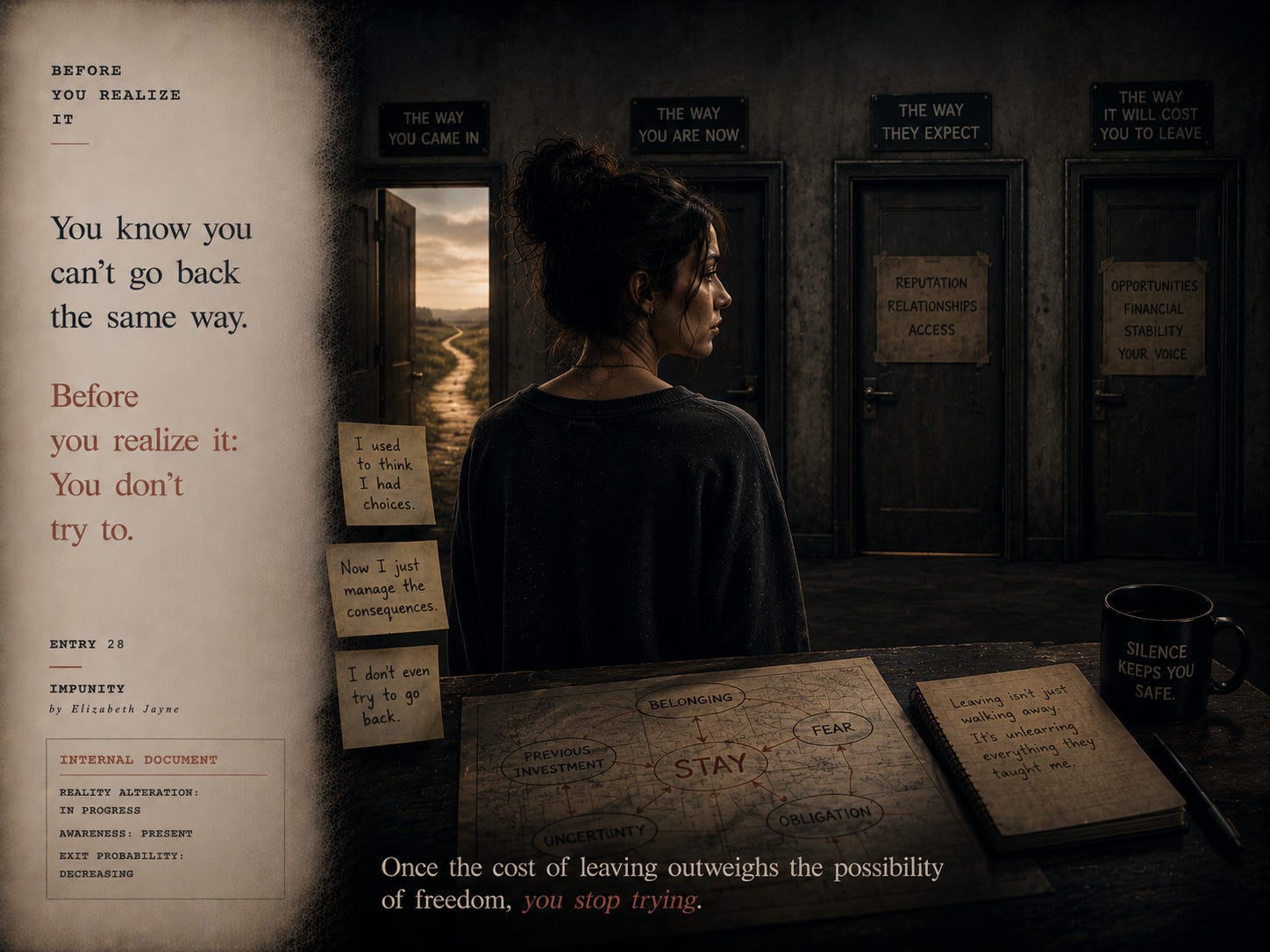 A cinematic editorial-style image showing a young woman standing between multiple symbolic doors representing identity, opportunity, belonging, and loss, illustrating grooming, psychological entanglement, and the feeling that there is no returning to who you were before. A cinematic editorial-style image showing a young woman standing between multiple symbolic doors representing identity, opportunity, belonging, and loss, illustrating grooming, psychological entanglement, and the feeling that there is no returning to who you were before.