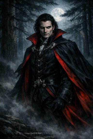 Strahd von Zarovich standing beneath ancient pines on the Old Svalich Road, moonlight filtering through mist, using his defined visual palette—angular aristocratic features, dark wavy hair, blood-black velvet cloak with crimson lining, silver clasps, pale luminous eyes, Barovian Gothic atmosphere