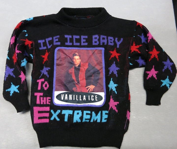 A Vanilla Ice sweater with the words Ice Ice Baby and a photo of rapper Vanilla Ice.