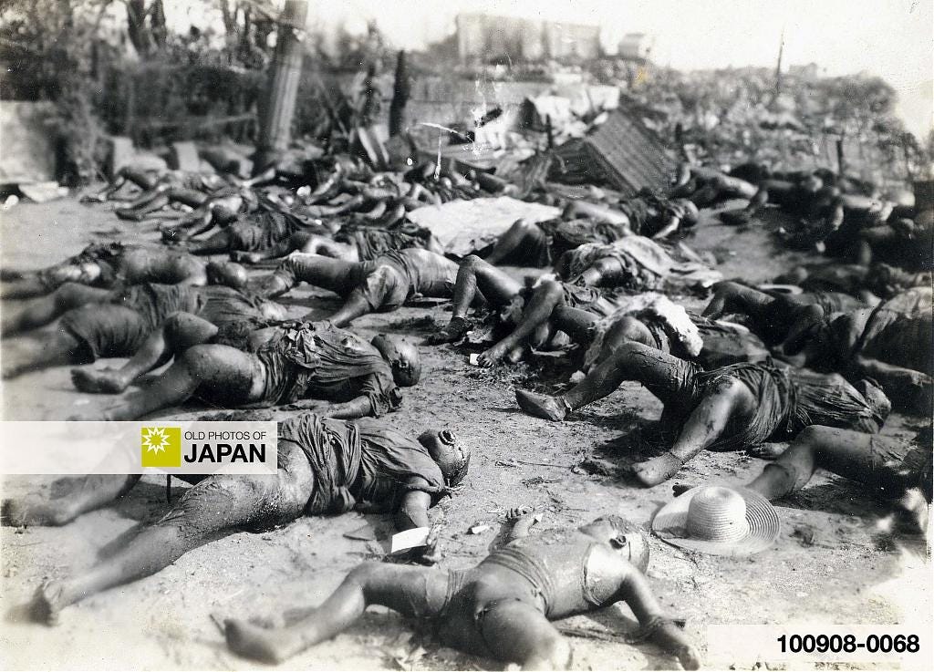 Neatly laid out victims of the fire tornado at the Honjo Army Clothing Depot in Tokyo, 1923 Neatly laid out victims of the fire tornado at the Honjo Army Clothing Depot in Tokyo, 1923