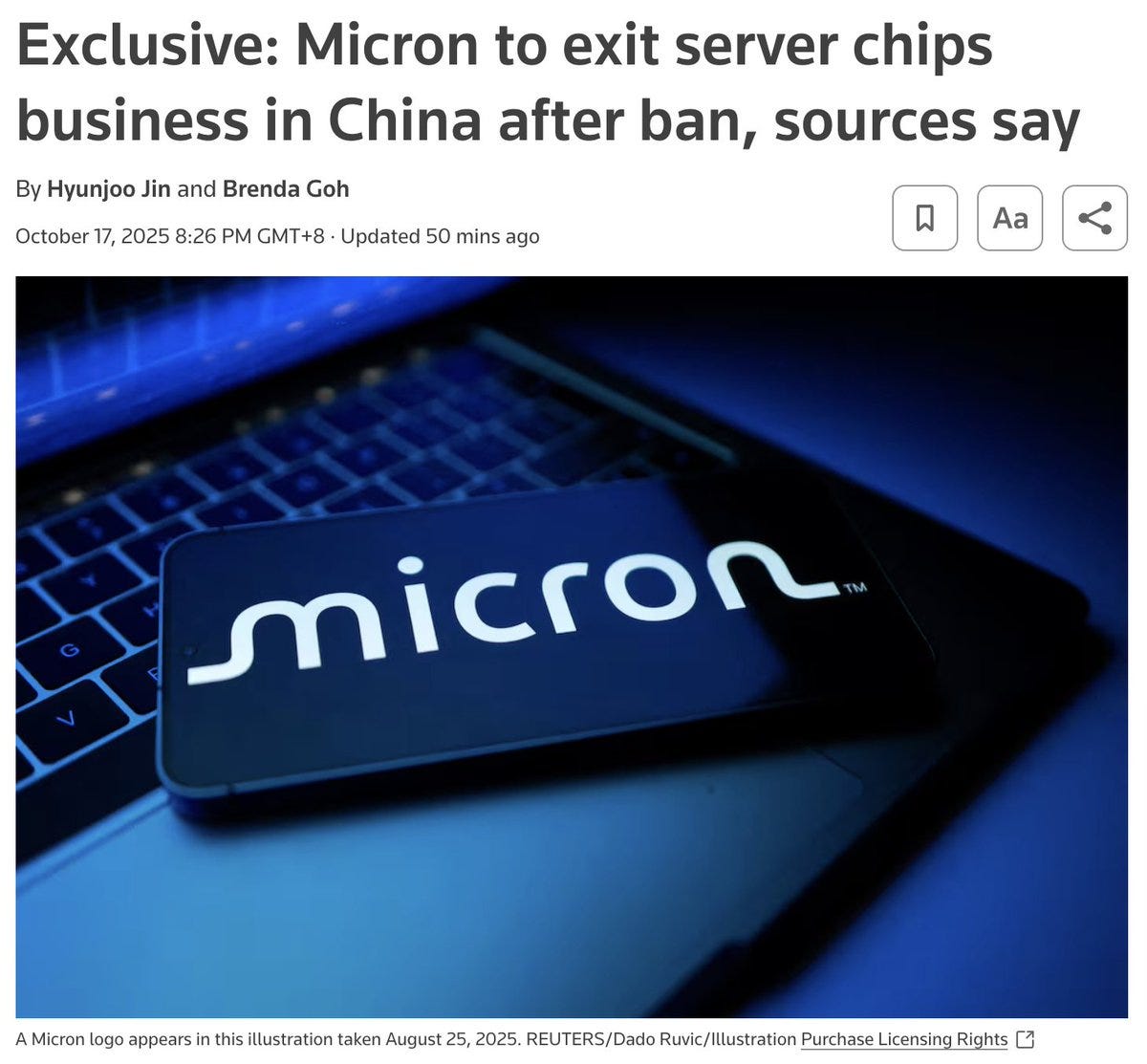 Newspaper headline reads Exclusive: Micron to exit server chips business in China after ban, sources say, with publication details from October 17, 2023. Below the headline, a dark blue background shows a laptop keyboard and a black smartphone displaying the white Micron logo prominently on its screen. The image includes a credit note for a Reuters/Dado Ruvic illustration from August 25, 2023.