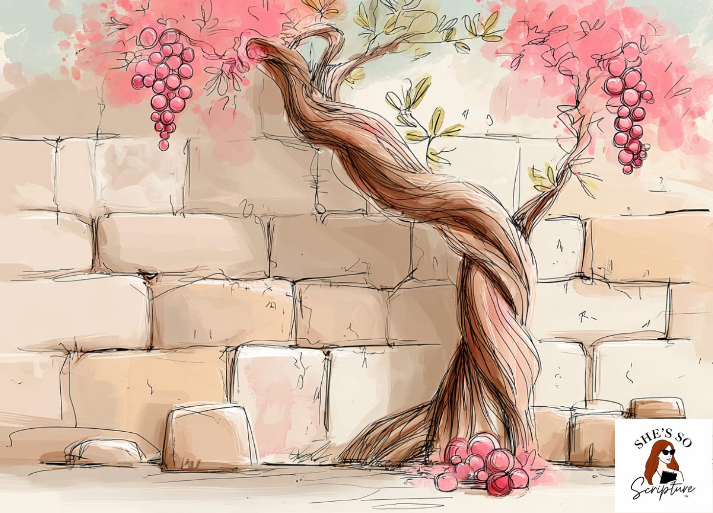 Illustration of a grapevine with ripe grapes growing along a stone wall in an ancient setting, symbolizing Jesus’ teaching about the True Vine.