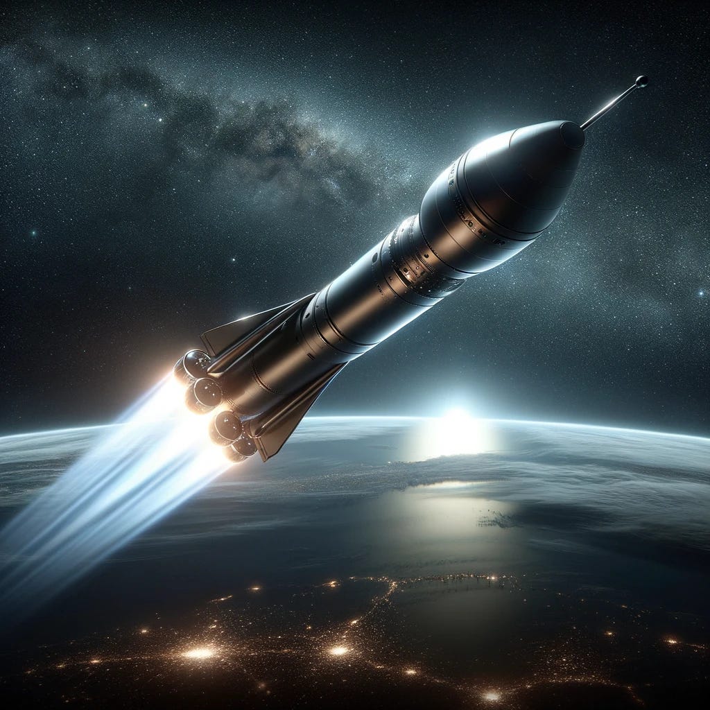 Illustrate the same sleek and advanced rocket, now in space, en route to Mars. The rocket moves away from Earth, which is visible in the background as a beautiful, partially illuminated sphere. The vastness of space surrounds the rocket, with distant stars and the faint outline of Mars ahead. The rocket's design is highlighted by its smooth lines and advanced propulsion systems, now activated, propelling it through the cosmos. This scene captures the essence of interplanetary travel, showcasing human ingenuity and the exploration spirit.