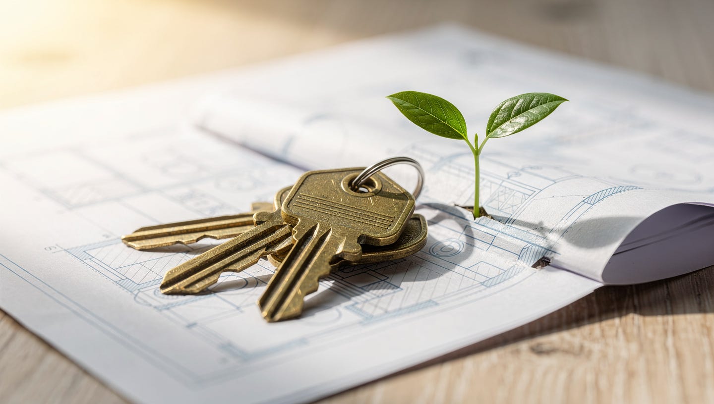 Realistic macro photograph of a set of brass house keys resting on architectural blueprints spread out on a light wooden table. Next to the keys, a small green two-leaf sprout grows from within the folds of the paper, as if emerging from the blueprints themselves. Warm natural morning light entering from a side window, soft reflections on the brass keys. Blurred background in wood and light beige tones. Shallow depth of field, realistic detailed paper and wood texture, bright and hopeful atmosphere. No text, no people, no logos.