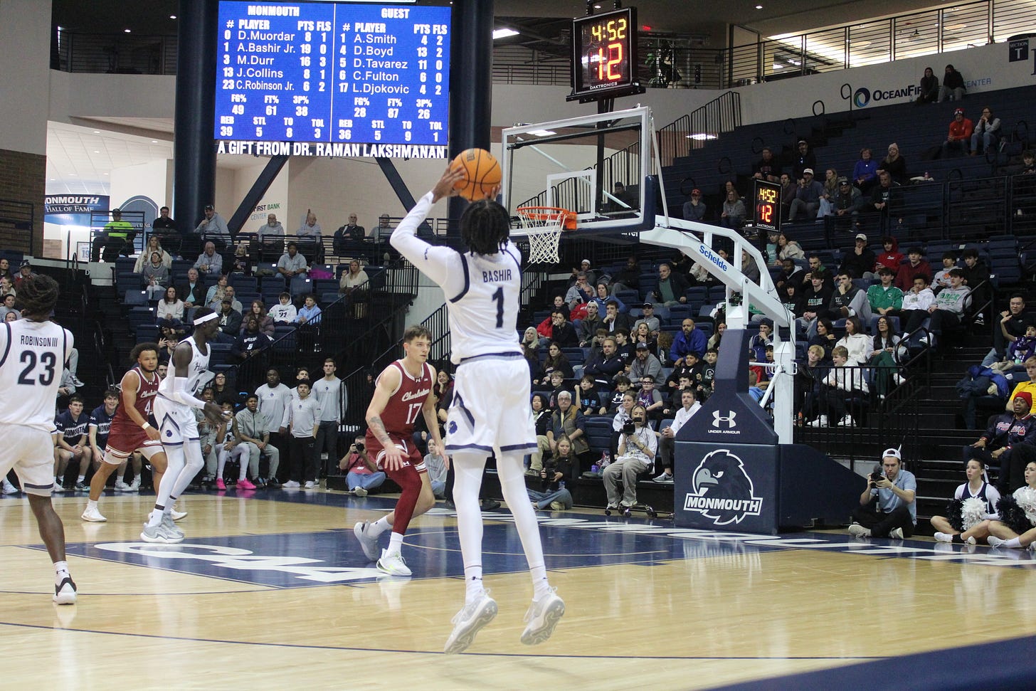 Abdi Bashir Jr. attempts a 3-pointer during Monmouth’s win over Charleston on Jan. 11, 2025. (Photo by Adam Zielonka) Abdi Bashir Jr. attempts a 3-pointer during Monmouth’s win over Charleston on Jan. 11, 2025. (Photo by Adam Zielonka)