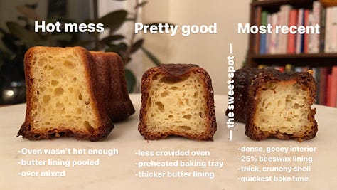 Comparison photo of caneles, Adobe Illustrator screenshot of canele zine, hand holding pink bowl of canele