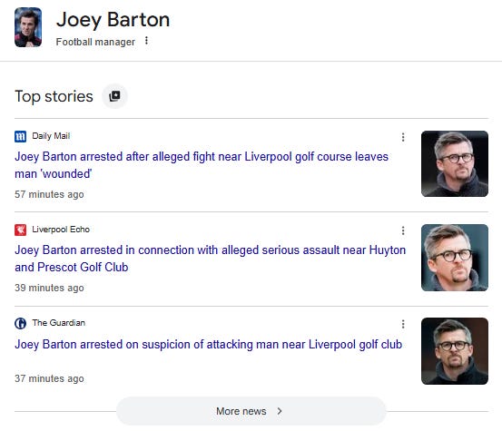 Publishers covering Joey Barton's arrest in Google Top Stories