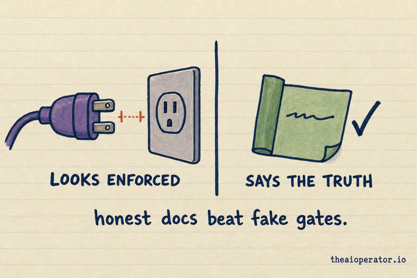 The trap on the other side. An unwired hook is a better-looking lie. Alt: A purple electrical plug held a visible gap short of a grey wall socket, the gap marked in rust orange, labelled LOOKS ENFORCED. On the right, a green document page with one squiggled line beside a navy checkmark, labelled SAYS THE TRUTH.