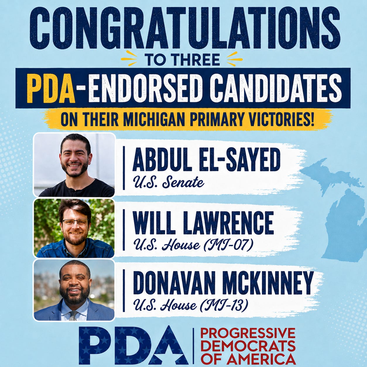 Celebrate the trifecta of all PDA-endorsed candidates winning in Michigan's primary! - Progressive Democrats of America Celebrate the trifecta of all PDA-endorsed candidates winning in Michigan's primary! - Progressive Democrats of America