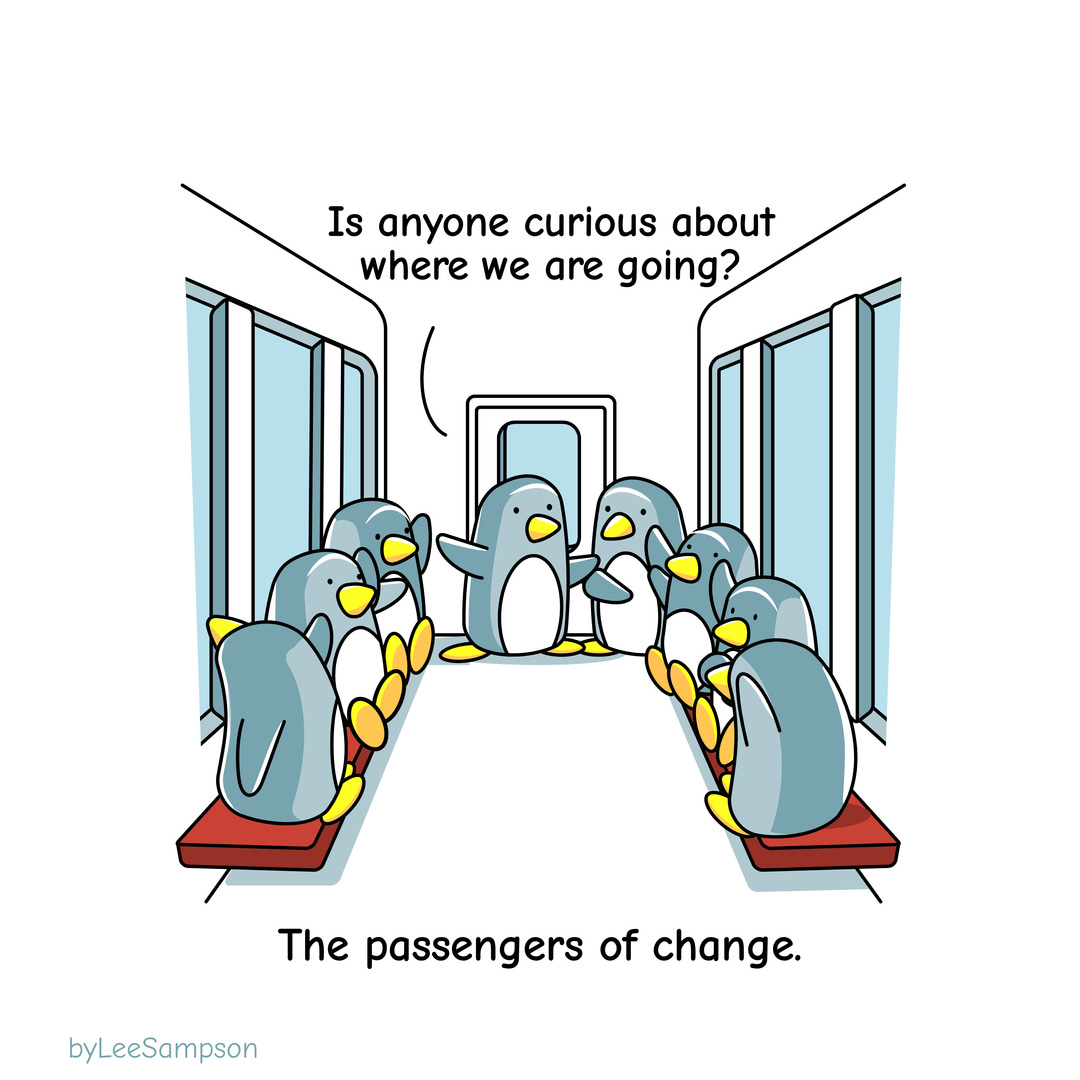 A leadership cartoon about change featuring penguins on a change train by Lee Sampson.train