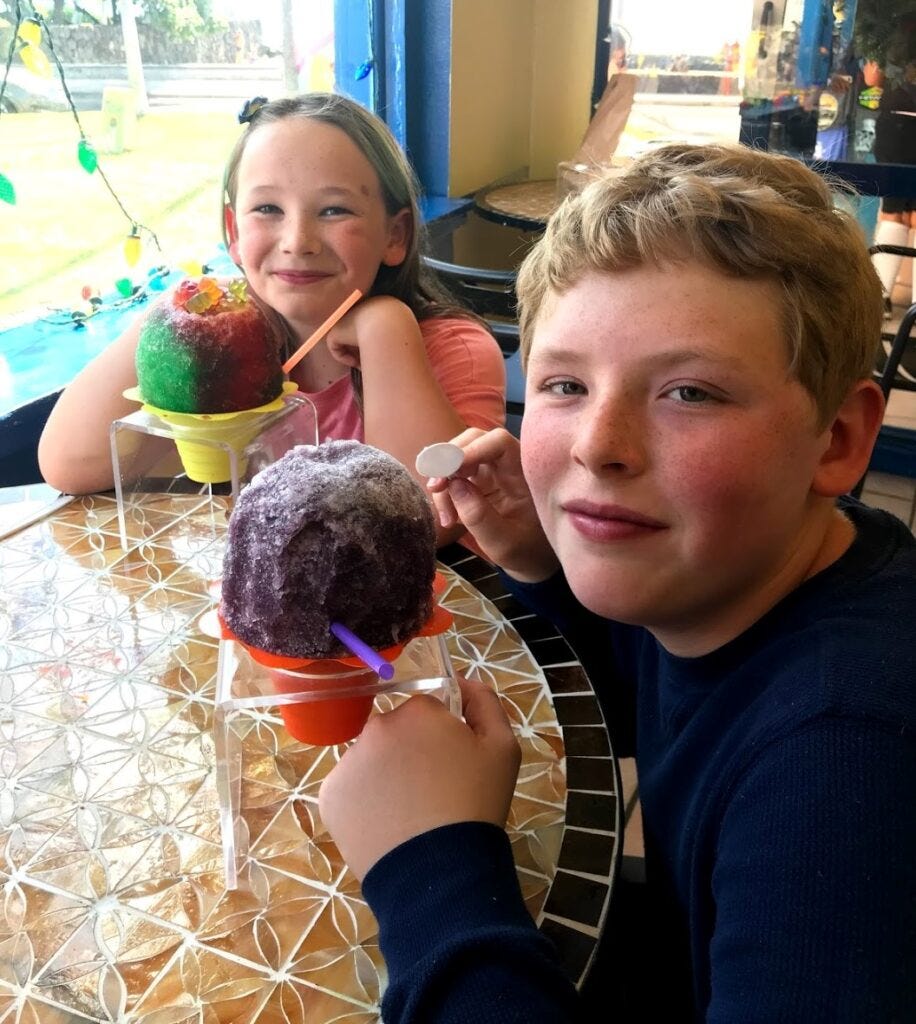 Otto and Etta eating shave ice