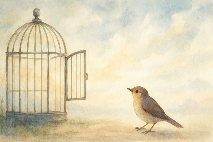Watercolor painting of a small bird standing outside an open cage, symbolizing quiet personal growth and freedom during a year-end reflection for sensitive people.